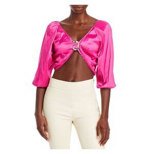 HOSBJERG Womens Pink Open Back Buckle Tie Back 3/4 Sleeve Party Crop Top XS